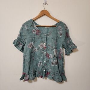 Alessia Pacini Chic Floral Ruffle Blouse in Teal